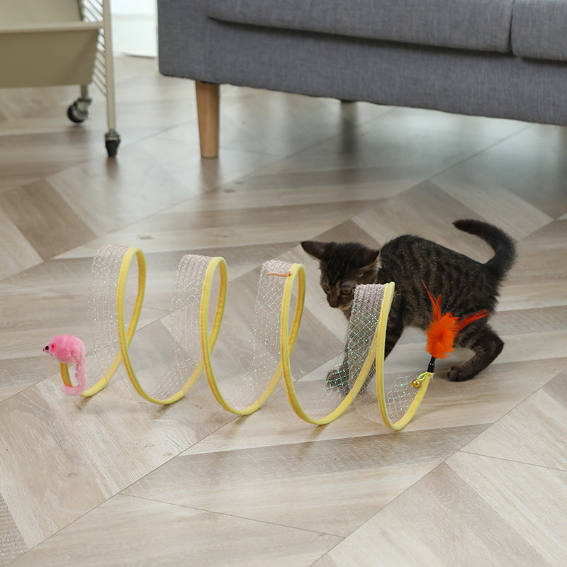 Foldable Cat Tunnel with Interactive Toys - Mouse Balls & Feather Wand-1