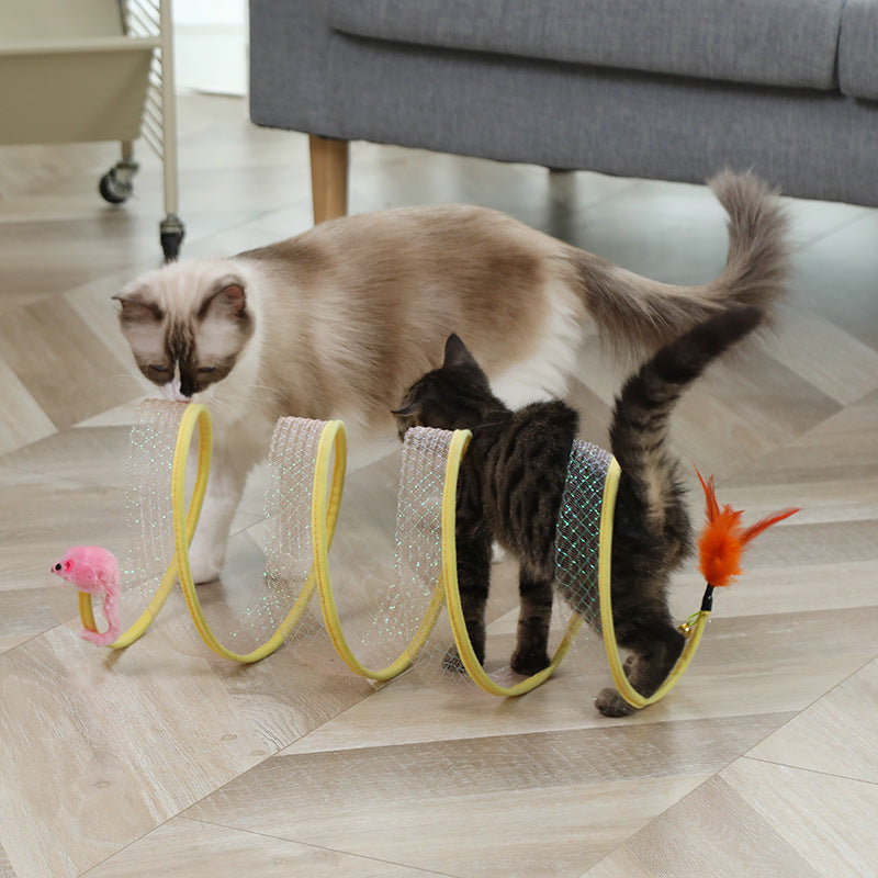 Foldable Cat Tunnel with Interactive Toys - Mouse Balls & Feather Wand-2
