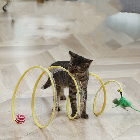 Foldable Cat Tunnel with Interactive Toys - Mouse Balls & Feather Wand-0